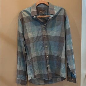 Express Men's Light Blue and Gray Checkered Shirt, Size M Fitted